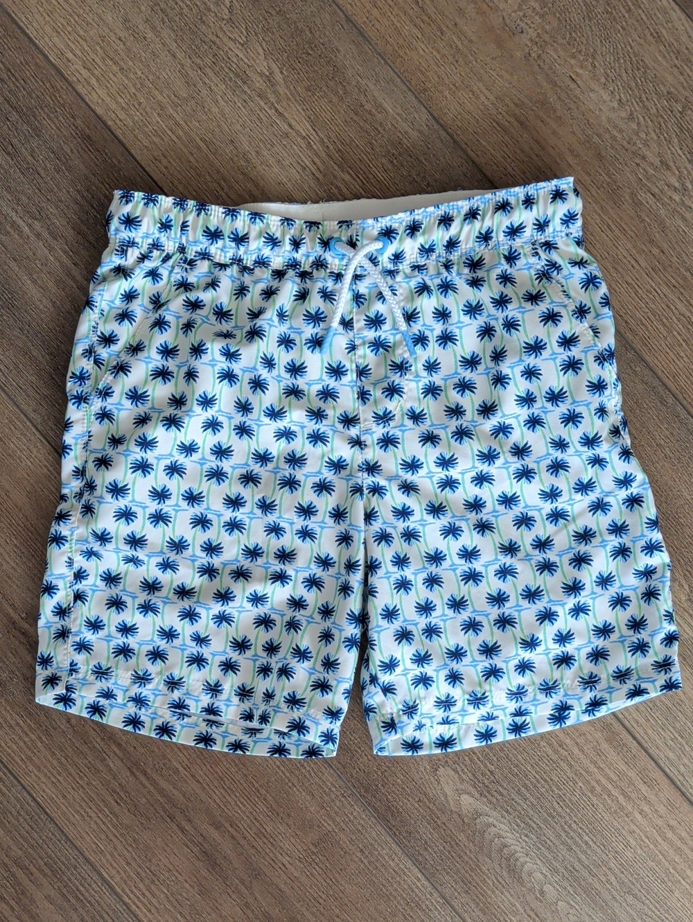Boys White Swim Trunks with Blue Palm Print